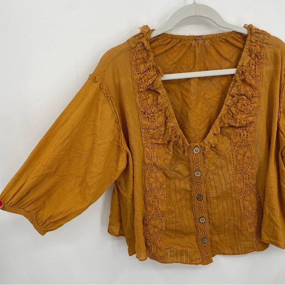 Free People Mae Boho Embroidered lace V-Neck Top, Size XS Orange - Picture 3 of 10